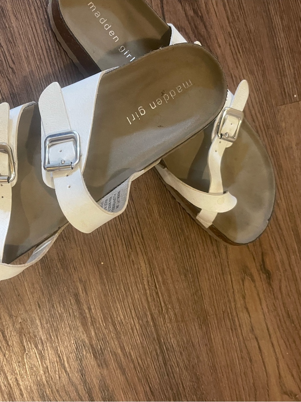 Madden Girl White Buckle Toe-Loop Sandals with Silver Hardware